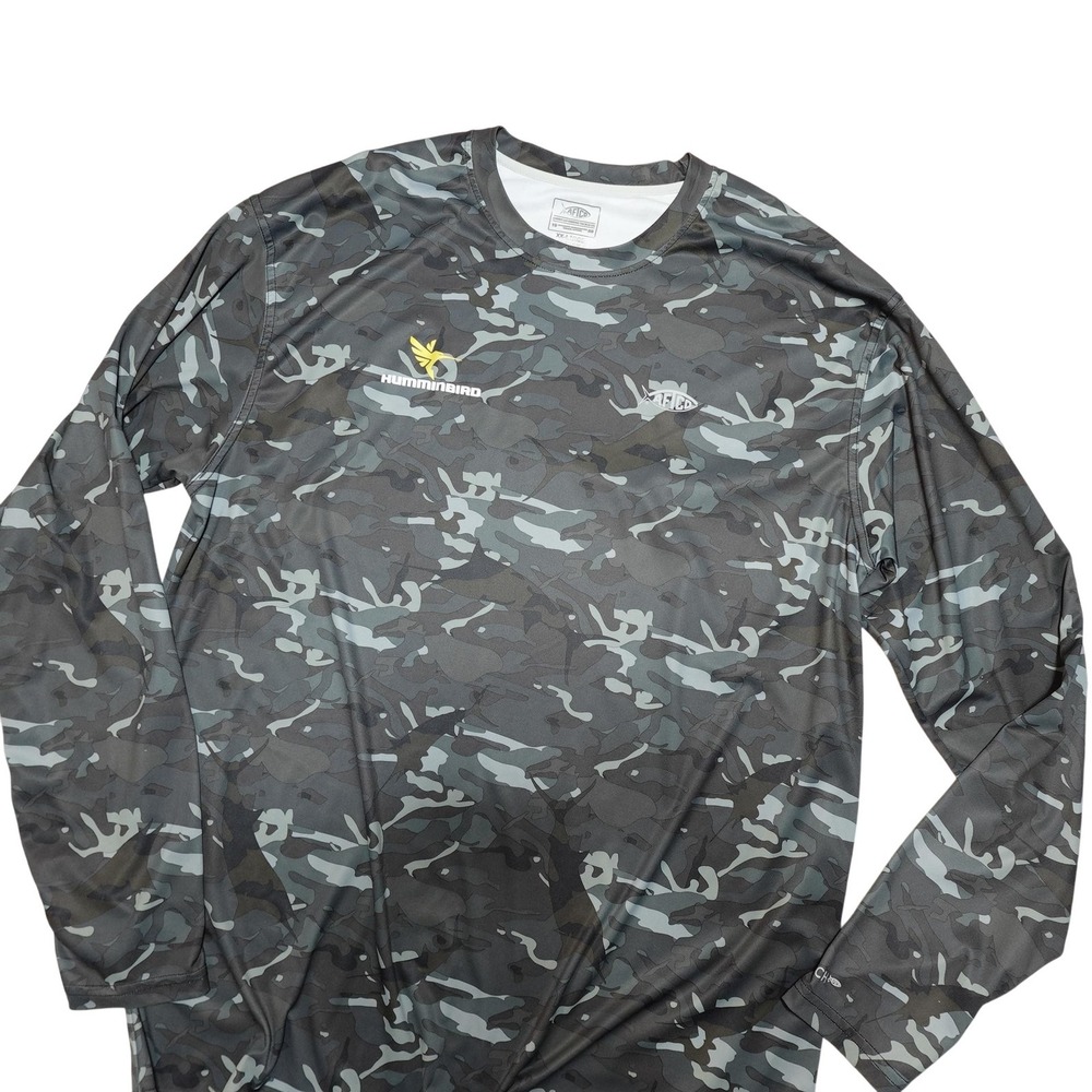 AFTCO Shirt Mens 2XL Gray Camo Long Sleeve AFTECH Fishing Performance Top Logo